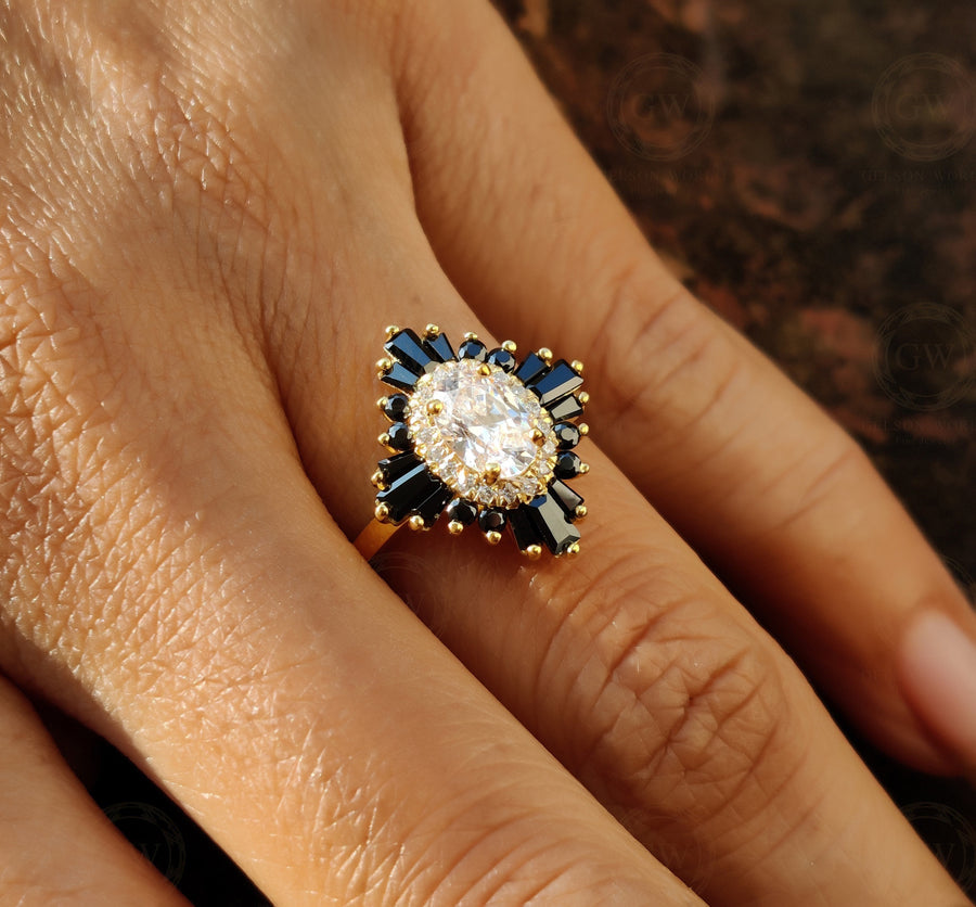 14k Gold Starburst Halo Engagement Ring / Art Deco Wedding Ring / Black Baguette / Oval Moissanite Ring / Women Sunburst Ring / Gift For Her