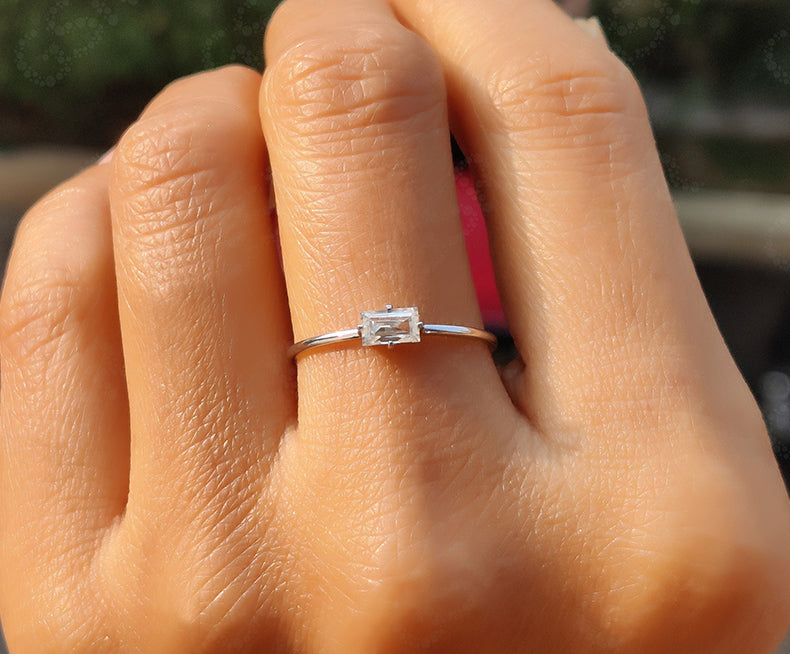 Timeless Elegance: Solitaire Baguette Moissanite Engagement Ring in Silver and Gold - Perfect for Simple Stacking and Dainty Minimalism