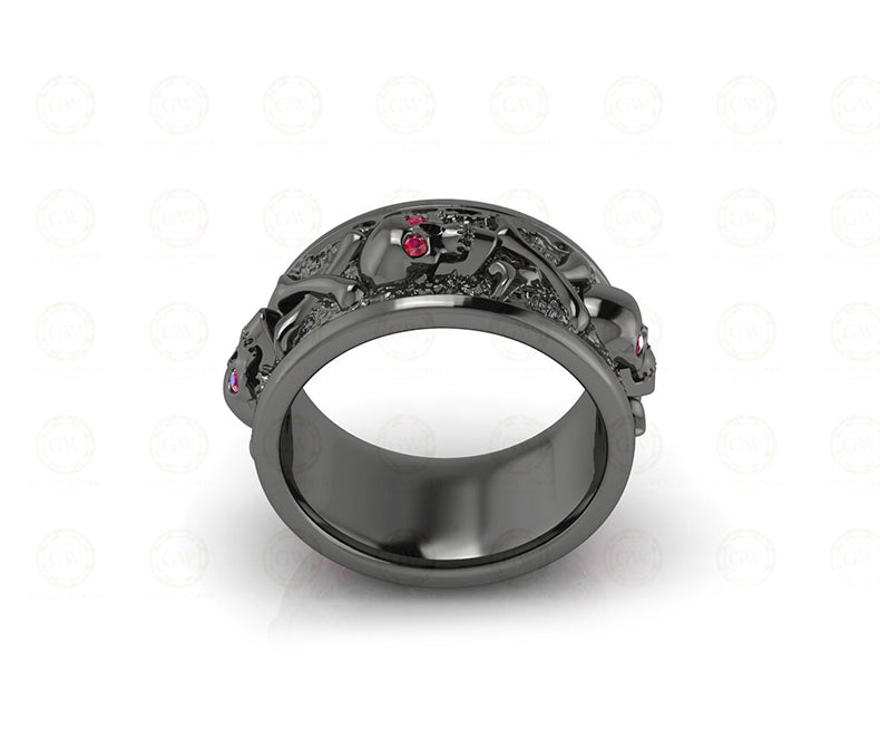 Skull Wedding Band, 10 mm Wide Unique Punk Biker Gothic Skeleton Skull Cross Bone Death Eternity Band, Birthstone July Ruby gemstone ring