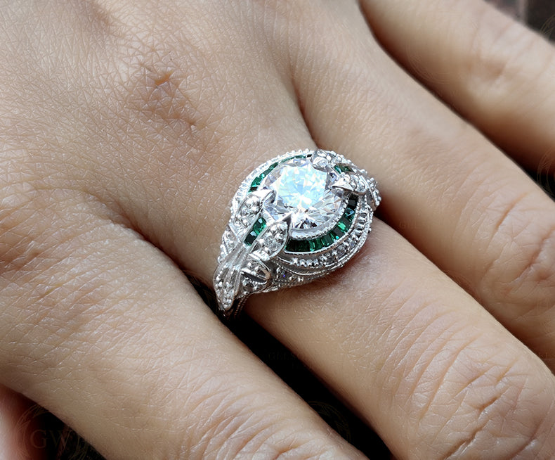 3.50 Ct Round Moissanite Art deco Vintage Engagement Ring, Sterling Silver Ring, Emerald Baguette Estate Jewelry, Antique Women Ring