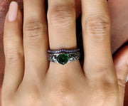 Unique Gothic Skull Bridal Wedding Ring Set, Emerald & Amethyst Birthstone Vintage Engagement ring set, Matching Band for her, Black Skull