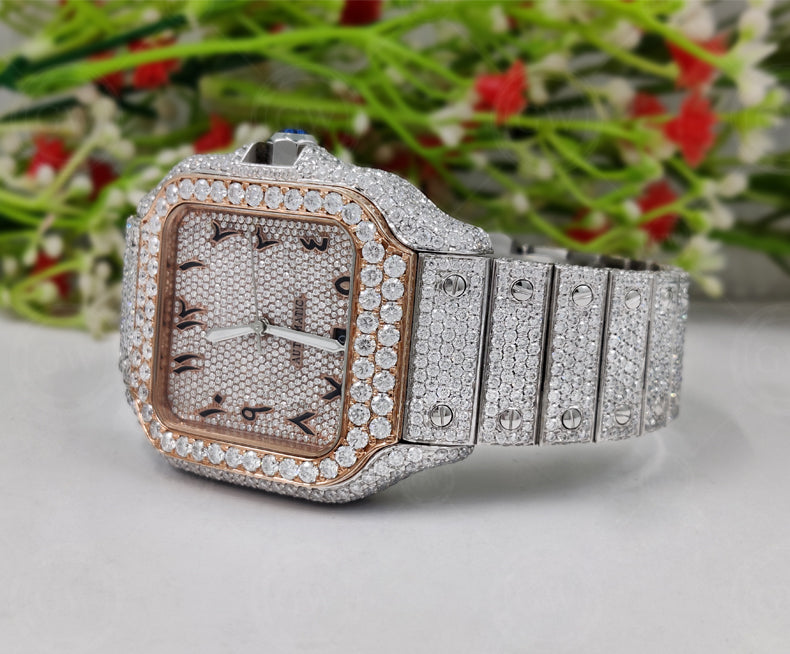 Moissanite Diamond iced out Luxury watches, Fully Automatic Hip Hop Buss Down Watch Two Tone (Rose)