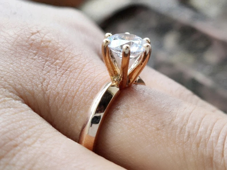 Knife Edge Solitaire Ring, Round Moissanite Engagement Ring, High Profile Ring, Moissanite Solitaire Ring, Rose Gold Promise Rings For Women