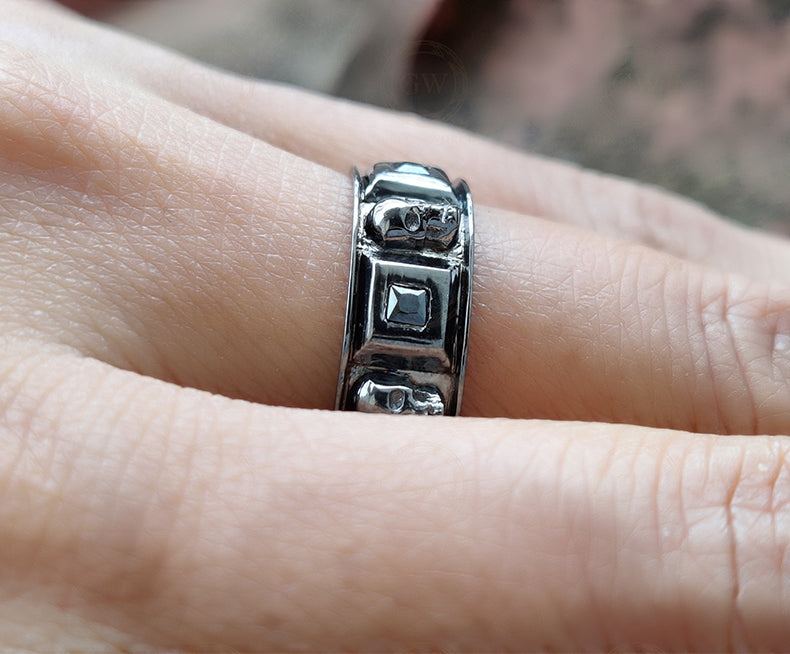 7 mm Wide Men's Gothic Skull Wedding Band, Punk Style Biker Ring, Unique Jewelry, Black CZ Sterling silver, Anniversary Ring, Eternity Band