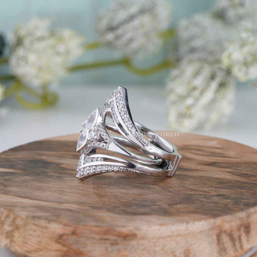 Double V Shaped Enhancer Wedding Ring Set, Unique Bridal Engagement Ring Jacket