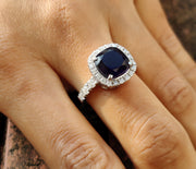 Blue Sapphire Cushion Shape Halo Engagement Ring For Women in 925 Sterling Silver