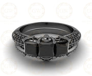 2.20 Ct Gothic Skull Bridal Wedding Ring Set, Unique Skull Princess Diamond Knife Edge 3 Stone Engagement ring set, Stacking Matching Band