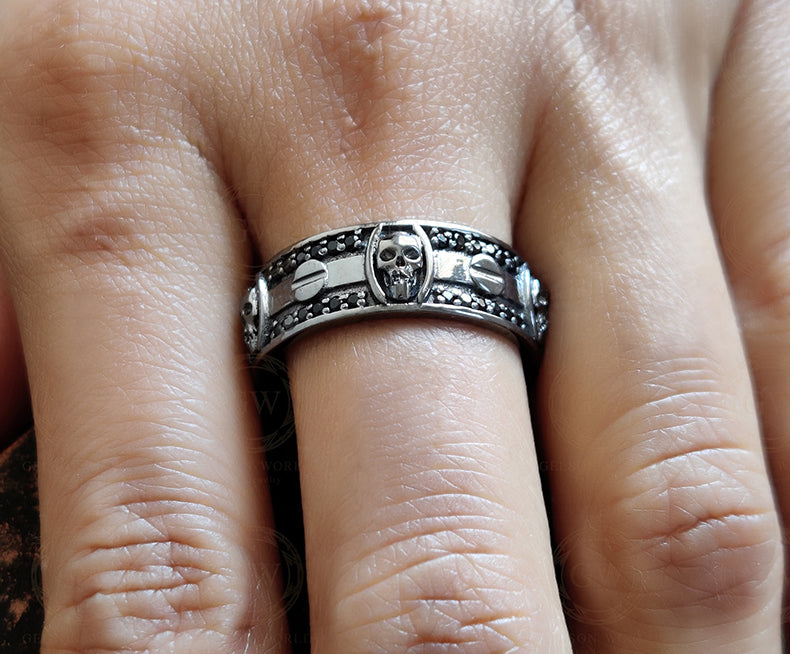 8 mm Wide Unique Design Bridal Gothic Skull Wedding Ring, Punk Style Biker Ring, Black CZ Sterling silver, Anniversary Ring, Eternity Band