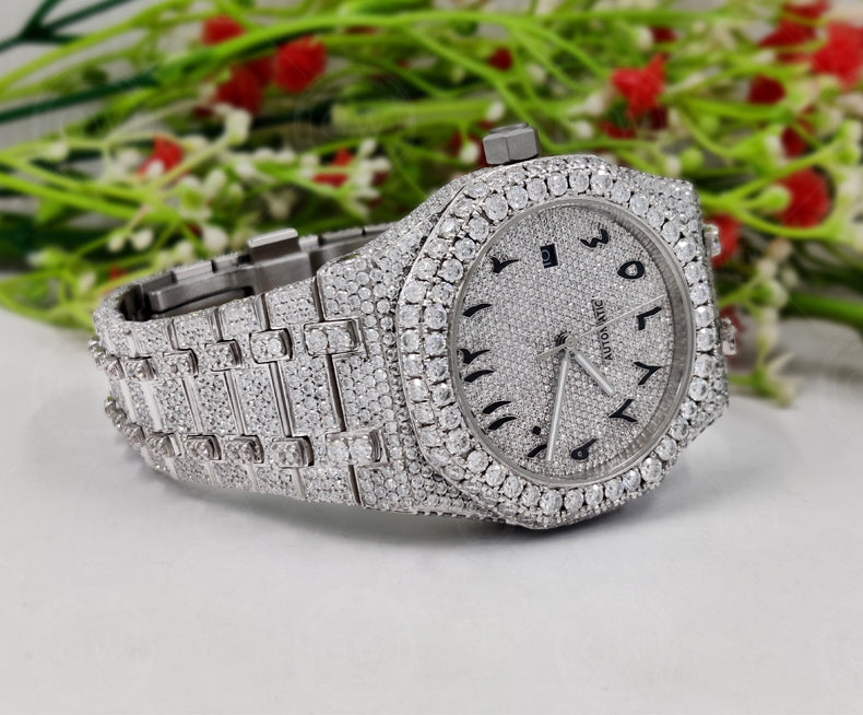 Moissanite Diamond iced out Luxury watches, Fully Automatic Hip Hop Buss Down Round Watch