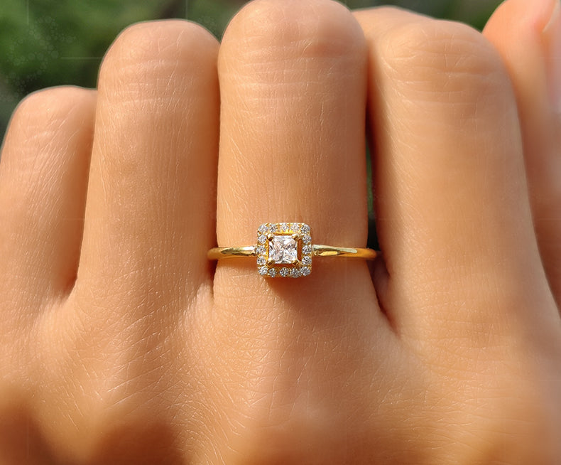 Regal Elegance: Princess Cut Moissanite Ring in Silver and Gold, a Stunning Halo Engagement Ring and Stacking Delight