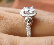 Skull Engagement Ring, Round Moissanite ring, Gothic Wedding ring, Sterling Silver, cushion halo ring, skull jewelry for women