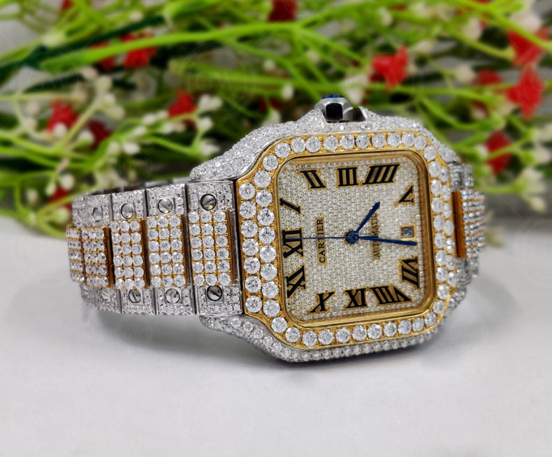 Buss Down VVS Moissanite Diamond Fully Automatic Luxury Watch iced out Hip Hop watches Two Tone (Yellow)