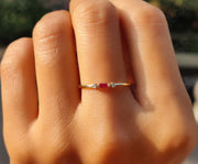 Elegant Stackable Birthstone Rings - Silver and Gold Ruby Beauty - Baguette Ruby Stacking Ring, Ideal Minimalist Ruby Ring with Three-Stone Ruby Promise