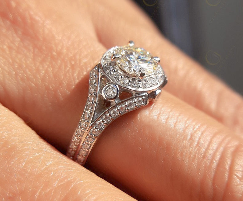 Art Deco Style Moissanite Ring Women, Vintage Round Halo Engagement Ring, Split Shank Ring, Unique Simulate Diamond Ring For Engagement