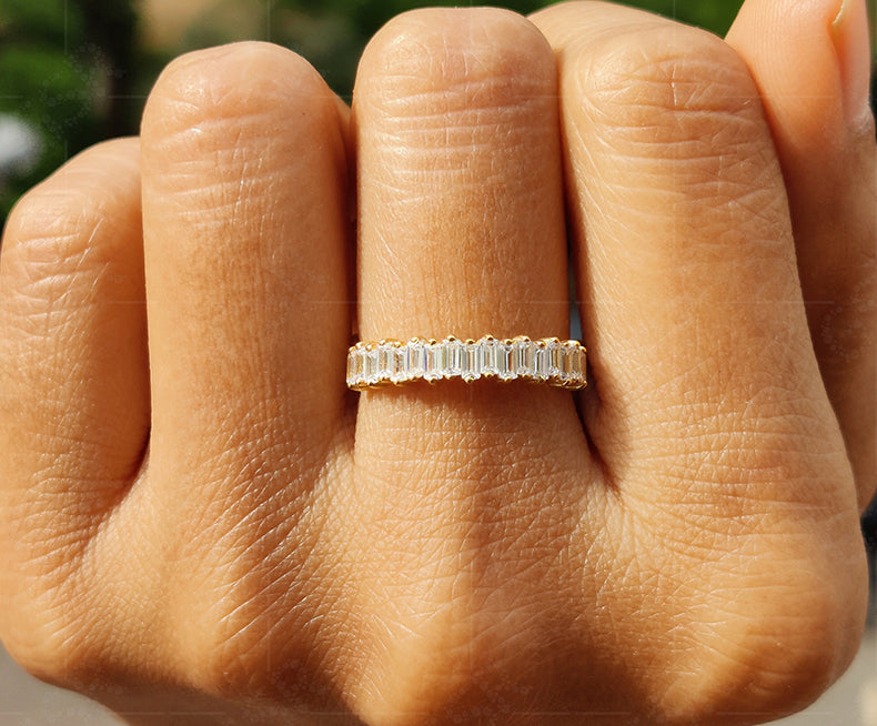 Elegant Baguette Moissanite Cluster Stacking Ring in Silver and Yellow Gold - Minimalist Moissanite Ring, Perfect Gift for Her