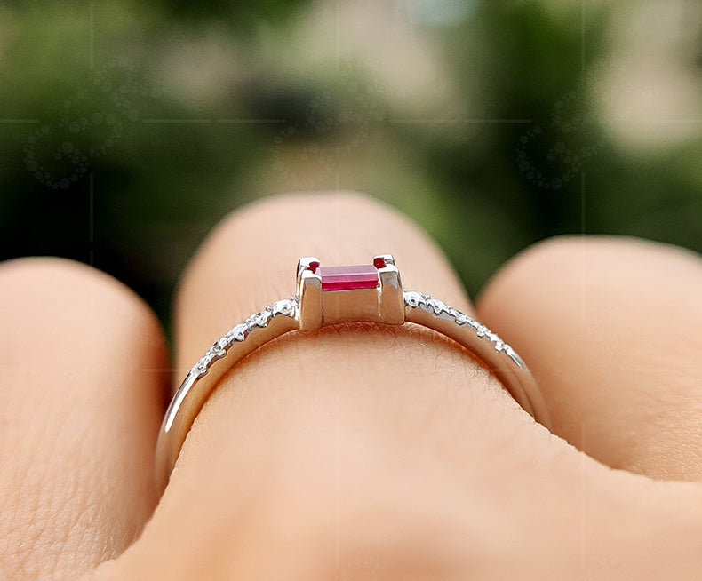 Elegant Horizontal Baguette Ruby Ring - Stylish Sideways Baguette Design - Dainty July Birthstone Beauty - Perfect Ruby Stacking Ring for Minimalist Stackable Rings Women