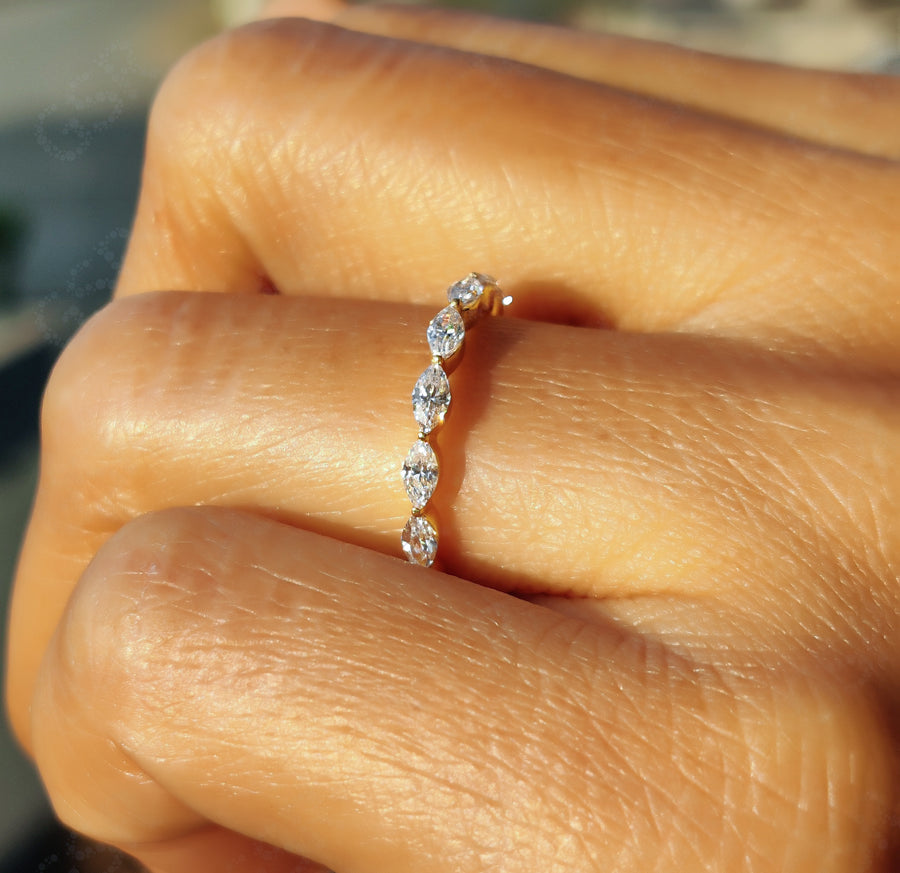 Marquise Moissanite Wedding Band: Floating Full Eternity Ring in Silver and Gold