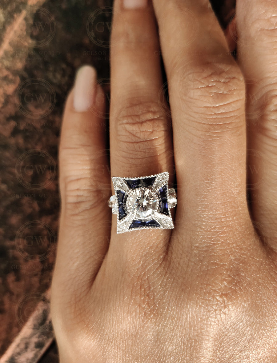 1.50 Ct Art Deco Vintage Engagement Ring, Round Diamond Simulant & Baguette Blue Sapphire Antique Women Ring, Wedding Ring, Promise Ring