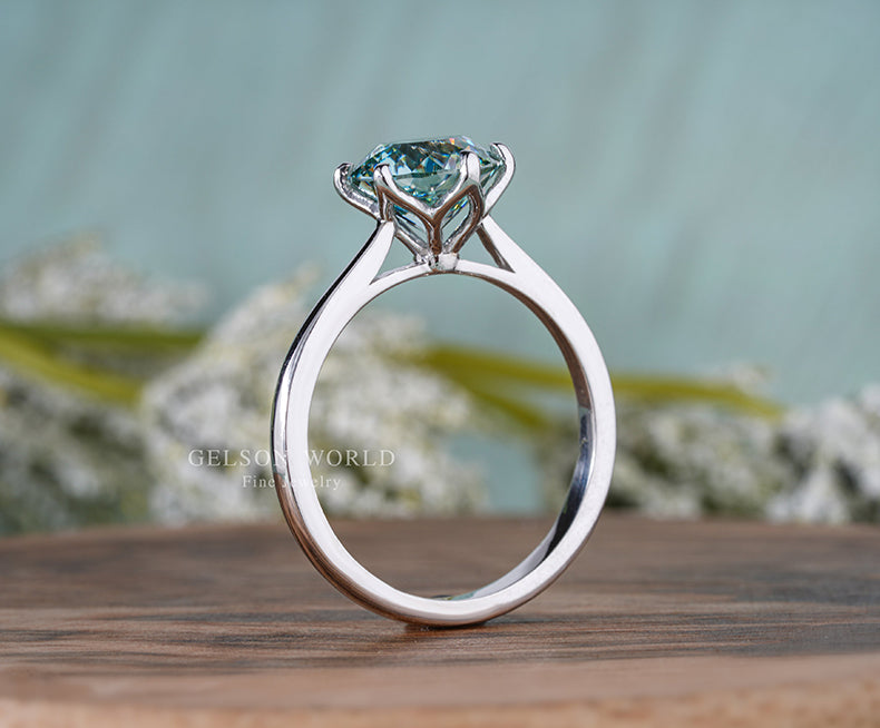 Portuguese Cut Cyan Blue Moissanite Engagement Ring, Flower Tulip Setting Solitaire Ring, Portuguese Cut Round Ring, Floral Petal Set Ring