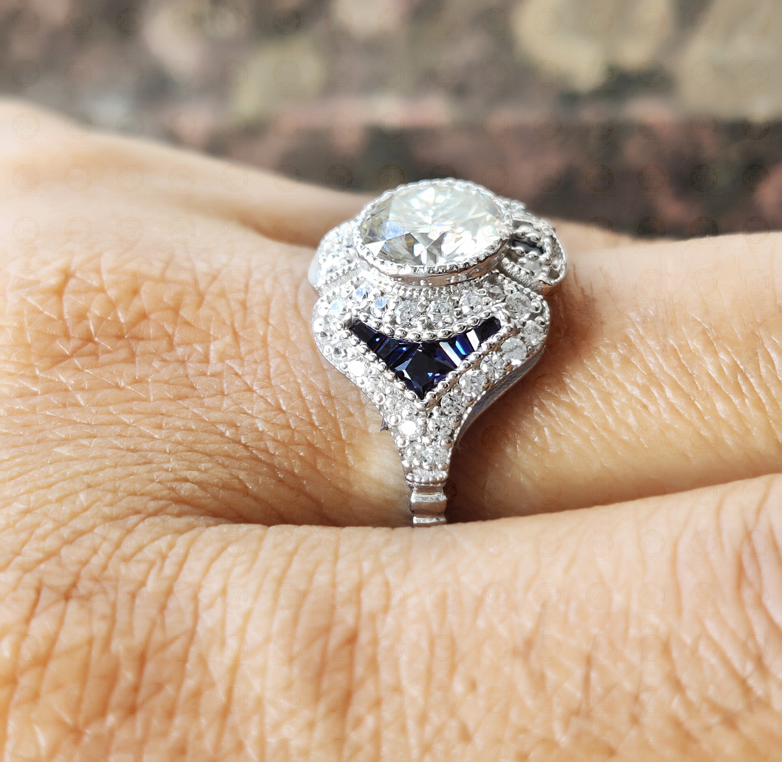 Estate Moissanite Diamond Ring, Edwardian Engagement Ring, Vintage Inspired Rings For popular Women, 925 Silver Art Deco Style Sapphire Target Ring