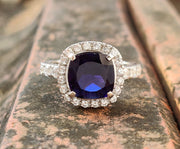 Blue Sapphire Cushion Shape Halo Engagement Ring For Women in 925 Sterling Silver