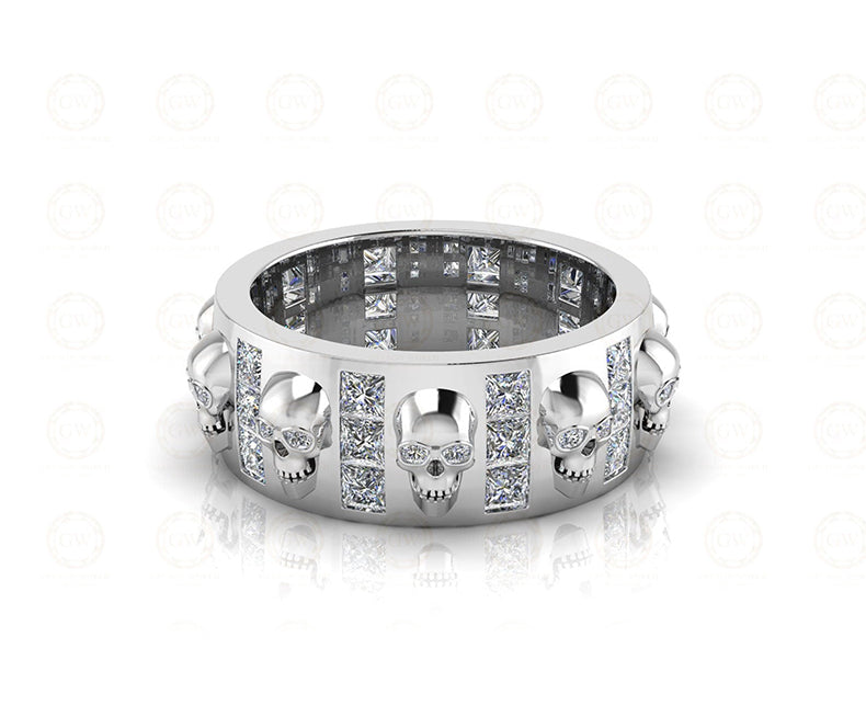 8 mm Wide Unique Gothic Skull Wedding Band, Full Eternity Ring, Simulated Diamond, Sterling silver, Anniversary Ring, Band for Mens & Women