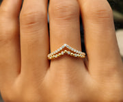 Silver and Gold Chevron Ring Set with Moissanite - Minimalist Stacking and Wedding Band