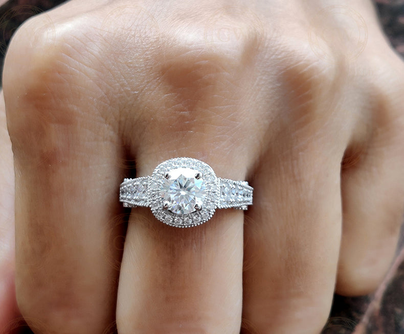 2.30 Ct round moissanite Vintage Halo engagement ring, Sterling Silver Ring, Estate Jewelry, Antique wedding women ring