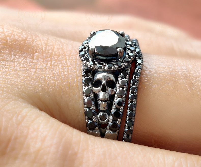 Gothic Skull Bridal Wedding Ring Sets, Two Skull Halo Engagement Ring, Simulated Diamond, Black Rhodium Plated, Matching Band, 925 Silver