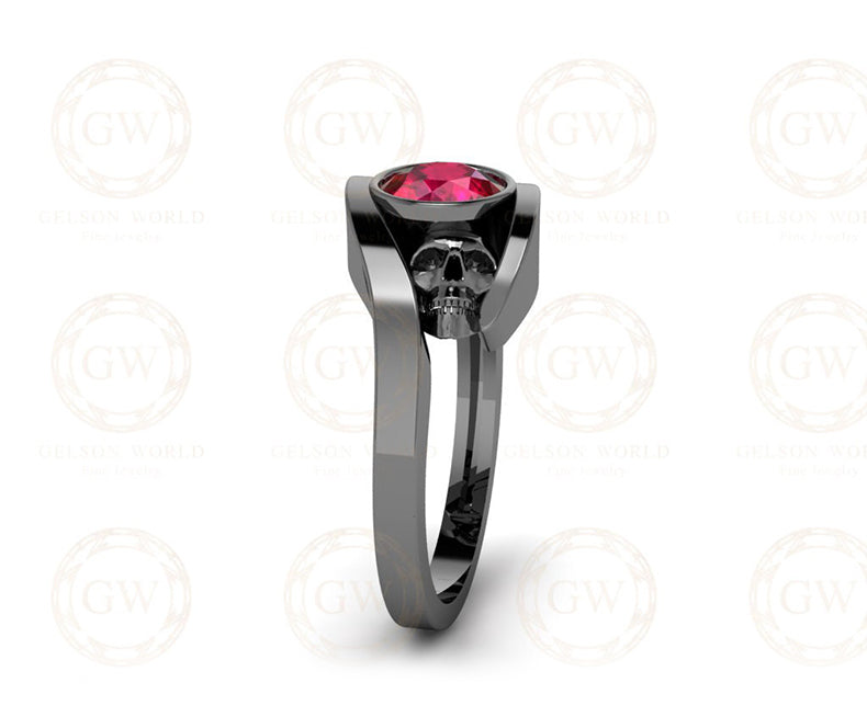 Solitaire Engagement Ring, Two Skull Ring, Gothic Women Ring, Ruby Birthstone Ring, Gemstone Wedding Ring, Promise Ring for Her, Black Skull