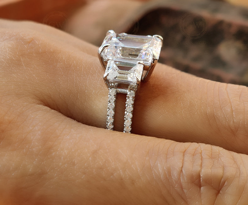 3 stone Engagement Ring / Emerald Cut Three Stone Ring / Large stone Ring / Anniversary Gift / Sterling Silver Ring / Rings for Women