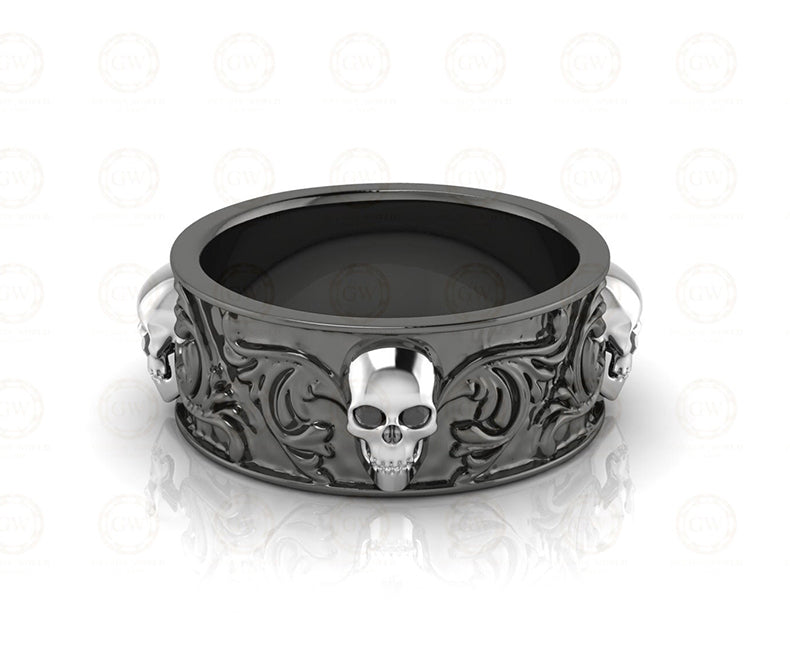 8 mm Wide Nature Inspired Unique Gothic Skull Wedding Band, Simulated Diamond, Sterling silver, Anniversary Ring, Floral Eternity Band