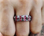 8 mm Wide Unique Gothic Skull Wedding Band Sterling Silver, Full Eternity Ring, Birthstone Ring, Ruby gemstone ring, Band for Men & Women