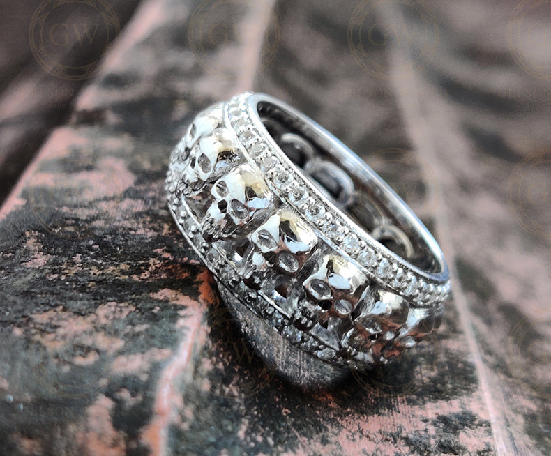 9 mm Wide Unique Gothic Skull Wedding Band, Black Moissanite Diamond Band, Black Silver Anniversary Ring, Full Eternity Band For Men & Women