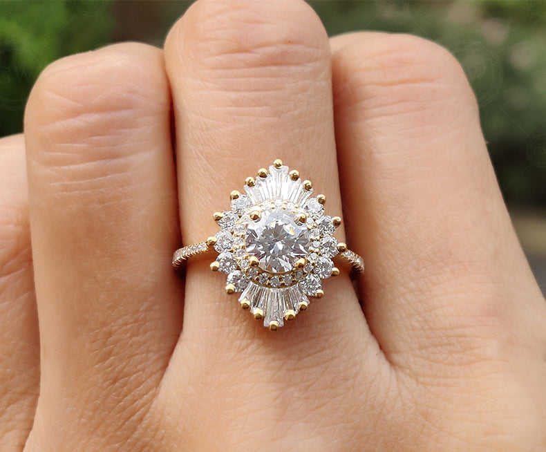 Starburst Engagement Ring / 14K Gold Ring / Halo Snowflake Ring / Baguette Starburst Ring / Cluster Ring / Antique Art Deco / Gift for Her