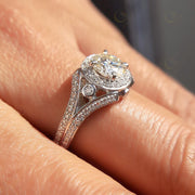 Art Deco Style Moissanite Ring Women, Vintage Round Halo Engagement Ring, Split Shank Ring, Unique Simulate Diamond Ring For Engagement