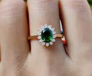 Emerald Halo Engagement Ring, Green Gemstone Rings For Women, May Birthstone Ring, Oval Emerald Halo Ring Gold Anniversary Ring Promise Ring
