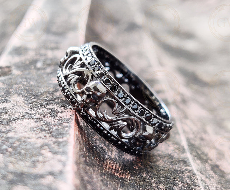 8 mm Wide Floral Unique Gothic Skull Wedding Band, Moissanite Diamond Silver Ring, 2 Row Anniversary Ring, Nature Inspired Eternity Band