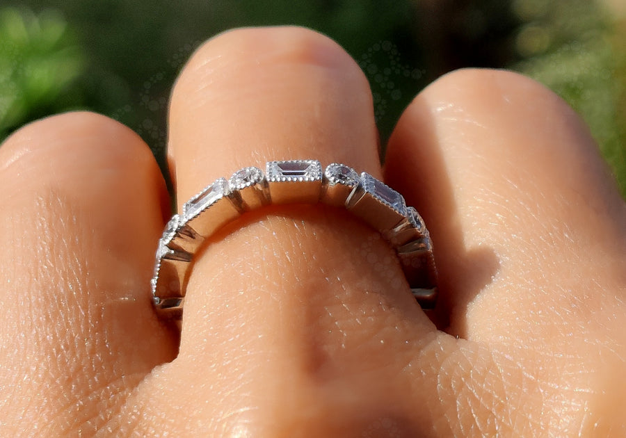 Vintage Art Deco Baguette & Round Moissanite Wedding Ring: A Stunning Silver and Gold Eternity Band for Your Special Day