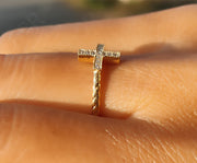 Sacred Beauty: Christian Cross Ring in Silver and Solid Gold, a Sideways Religious Ring with Cable Twists and Round Moissanite