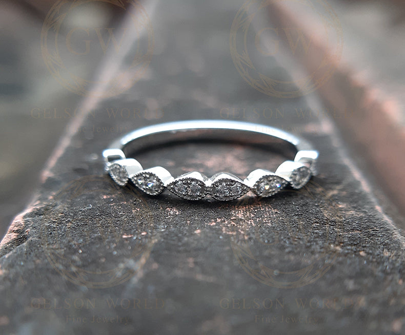 Vintage Wedding Band / Round Colorless Moissanite / Art Deco Band / Half Eternity Ring / Anniversary Band / Matching Band / Band For Her