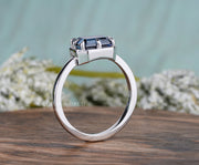 East West Emerald Cut Engagement Ring, Blue Emerald Cut Moissanite Solitaire Ring, Sideways Promise Ring For Her, Mom Birthstone Ring