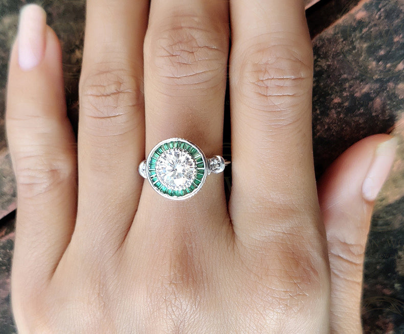 2.00 Ct Round Cut and Green Baguette Art Deco Engagement Ring, Emerald Gemstone Vintage Halo Ring for women, Anniversary Silver Estate Ring