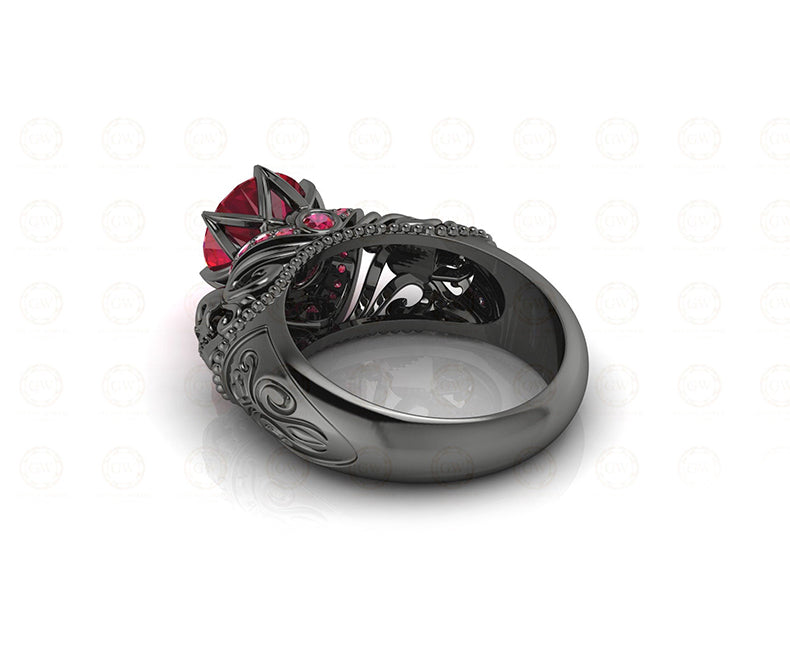 1.90 Ct Gothic Skull Round Floral Vintage Engagement Ring, Birthstone July Ruby gemstone ring, CZ Women ring, Sterling Silver, Wedding Ring