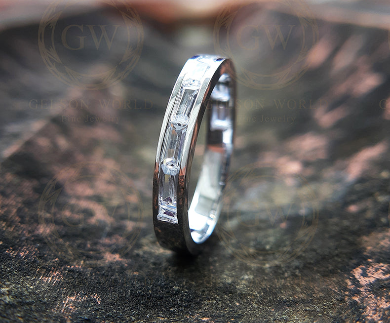 3.25 mm Wide Baguette Cut CZ Diamond Channel Set Wedding Band, Half Eternity Anniversary Wedding Ring For Her, Matching Band, Stackable Ring