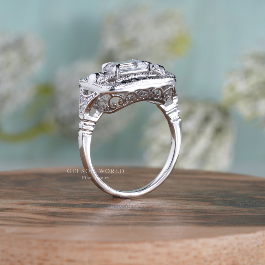  Emerald Cut Anniversary Ring / Gothic Moissanite Ring / 925 Sterling Silver Ring