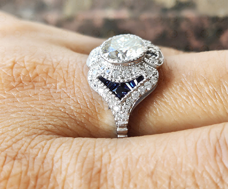 Estate Jewelry / Vintage Engagement Ring For Women / Blue Sapphire Art Deco ring / Round Moissanite Ring / Estate ring / 925 Sterling Silver