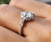 Elegant Oval Solitaire Halo Engagement Ring - Silver and Gold Minimalist Beauty with Colorless Moissanite - Dainty Wedding Ring