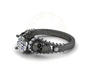 Unique Gothic Skull Engagement Ring, Two Skull Ring, Round Simulated Diamond, Black Skull Head With Mask, Women Skull Ring, Propose Ring