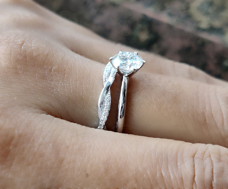 Round Moissanite Wedding Ring Set / Solitaire Engagement Ring / Wedding Band / Matching Band / Twisted Band / Sterling Silver Ring Sets